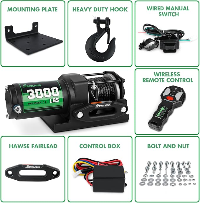 STIMULATER 3000lb ATV Winch with Synthetic Rope,Electric Winch 12V, with Wireless Remote Control and Manual Switch, with Hawse Fairlead,IP67 Waterproof,Suitable for Most Trailer, Boat and ATV Winch