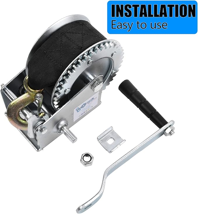 1200lbs Hand Winch Heavy Duty Boat Winch Two-Way Ratchet Gear Small Manual Winch Crane Weight Moving Nylon Strap for ATV Truck Towing Rope Winch