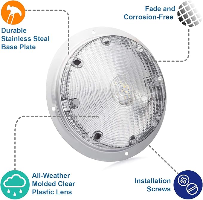 Lumitronics RV Trailer Camper 5th Wheel LED Round Surface Mount Scare Light, Mounting Gasket Included