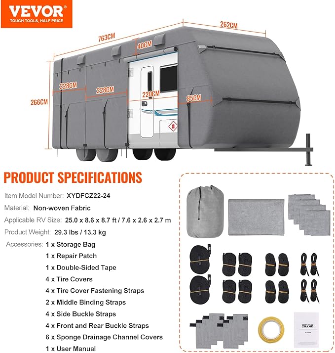 VEVOR Travel Trailer Cover, 22-24 ft RV Cover, 4-Layer Non-Woven Fabric Camper Cover, Waterproof, Windproof and Rip-Stop Class A RV Cover, with Storage Bag, Repair Patches, Straps and Tire Covers