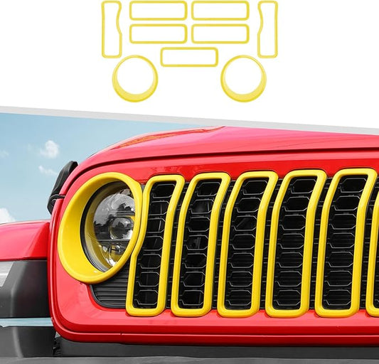 Jimen for 2024 Jeep Wrangler 4xe grill inserts, 9PCS Headlight Cover & Grille Insert Compatible with Jeep Wrangler JL JLU 2024+, NOT FIT JL Sport/Sport S (Yellow)