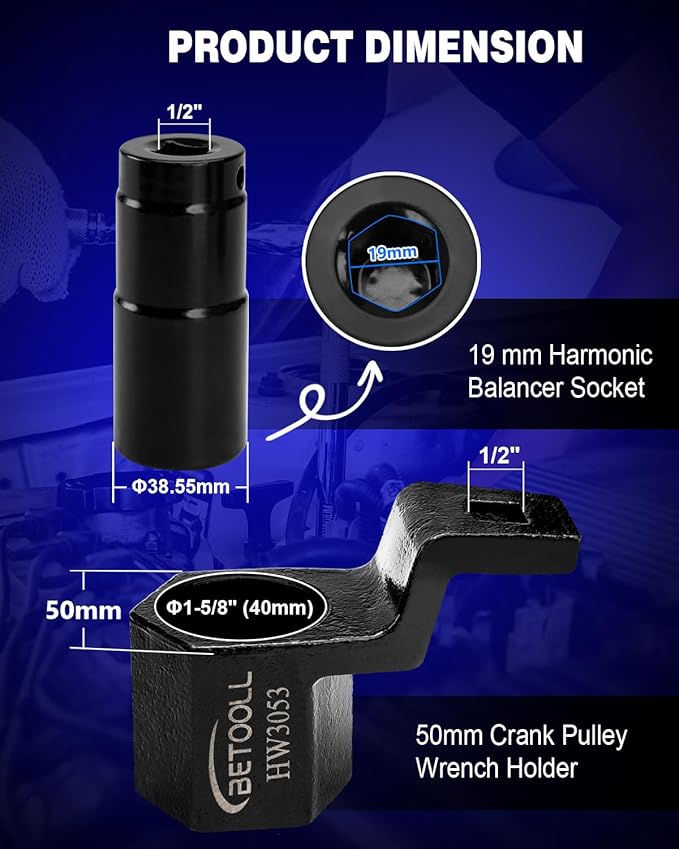 BETOOLL 19 mm Harmonic Balancer Socket & 50mm Crankshaft Crank Pulley Wrench Holder Tool Removal Holding Spanner kit Compatible with Honda and Acura Engines