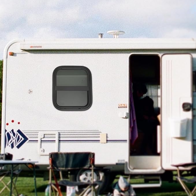 14" W x 16" H RV Window Vertical Sliding, DOT Certified - Shatterproof Tempered Tinted Glass, with Net Screen and Trim Ring, Teardrop Replacement Trailer Camper Window
