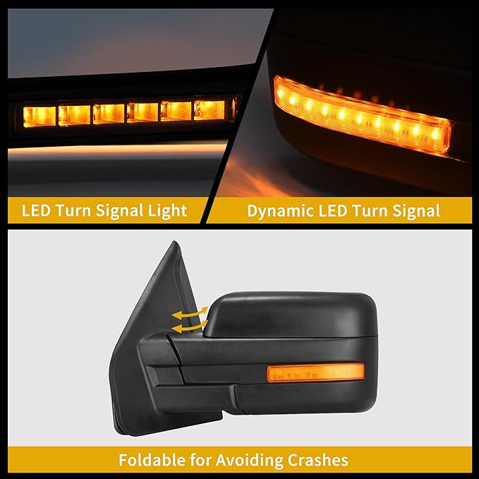 DWVO Towing Mirror Compatible with 2004-2014 Ford F150 Manual Folding Power Control Heated Rear LED Turn Signal Puddle Light Side Mirror Black