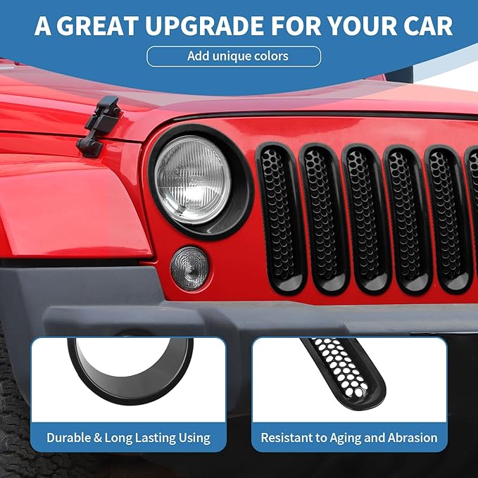 for Jeep JK Front Grille Inserts & Headlight Cover Trim Ring for Jeep Wrangler JK JKU 2007-2017 Black Exterior Accessories 9pcs