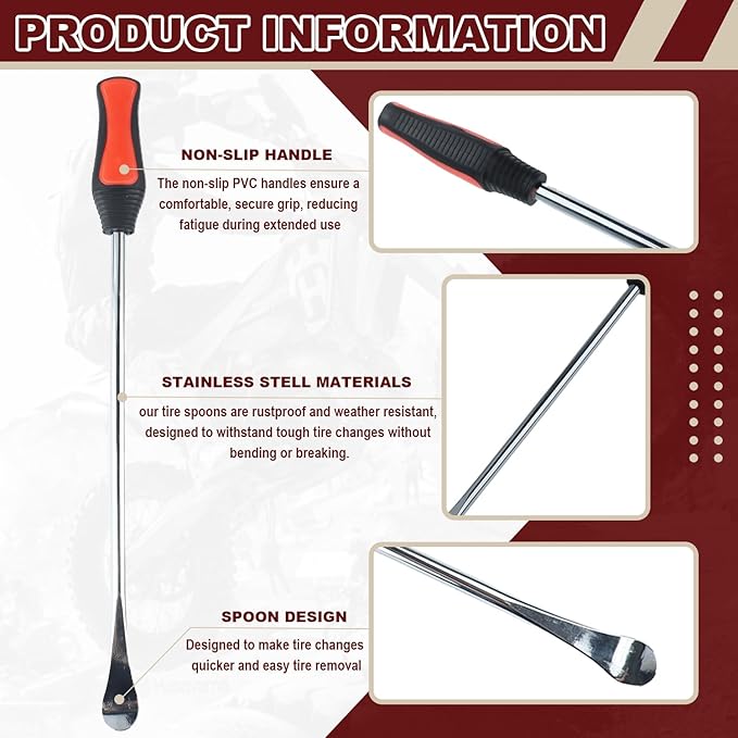 Riseuvo 15" Tire Spoon Kit, Tire Changing Kit for Motorcycle Bike Mower Tractor ATV, Tire Removal Tool Set with Rim Protectors, Valve Tool, Valve Cores, Caps, Stems(TR414 TR413 TR412), Storage Bag