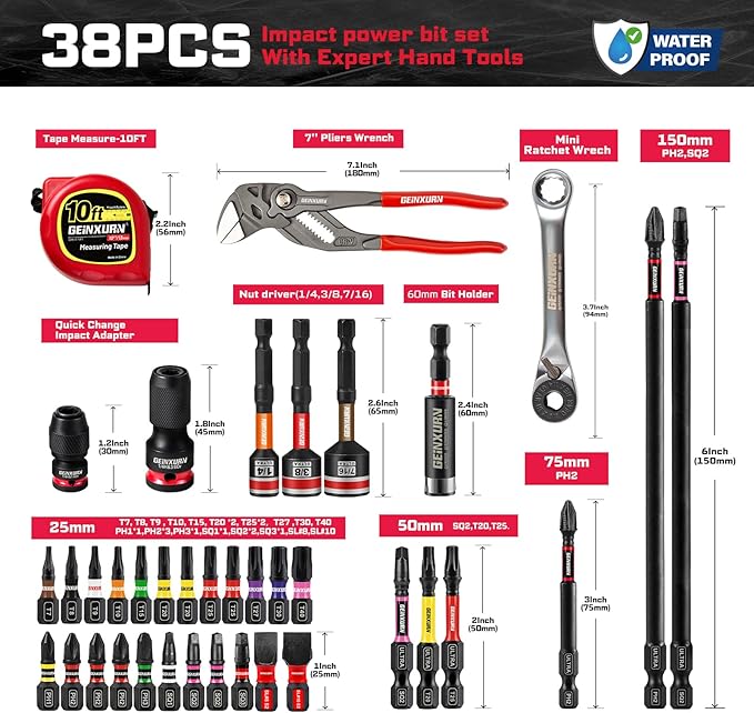 38Pcs Tools Set Packaged with Heavy-duty Tool Box, Include Screwdriver Bits, Nut Driver, Mini Ratchet Wrech, Quick change adapter,Tape Measure,Pliers Wrench and Bit Holder for Home Repairs