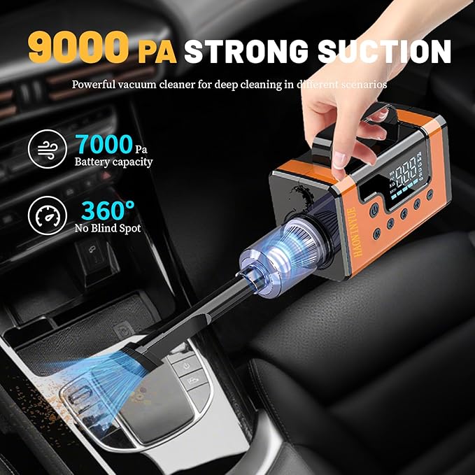 Car Jump Starters with Air Compressor, 5000A Portable Car Battery Booster, Clean Vacuum Cleaner, 12V Lithium Ion Battery Charger, 150PSI Tire Inflator for 8.0L Gasoline and 6.0L Diesel Engines