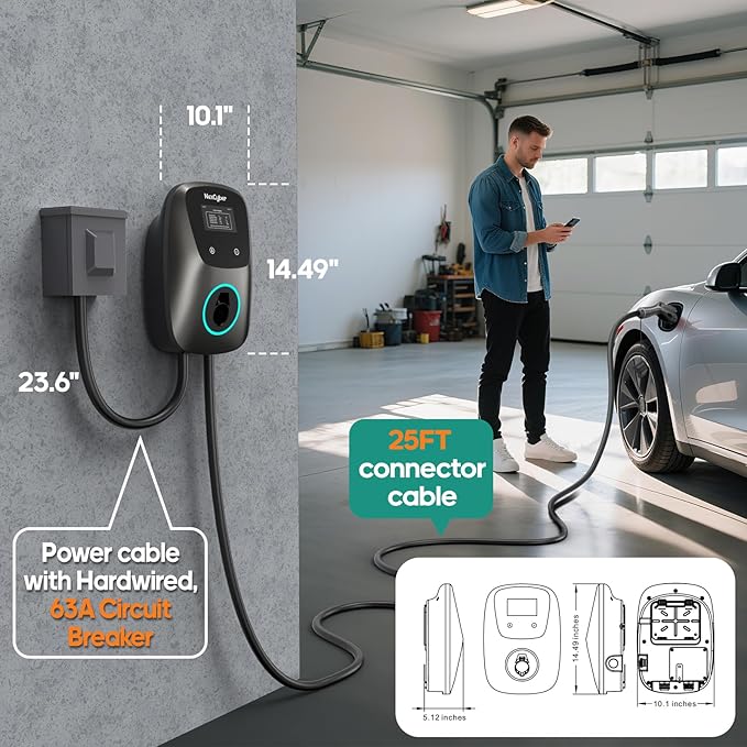 Level 2 Electric Vehicle (EV) Charger, 48 amp/11.5kW EVSE w/ J1772 Connector, 240v Electric Car Charger, 25ft Cable ETL Certified, Hardwired & No Plug, APP Start/Plug and Play (Hardwired)