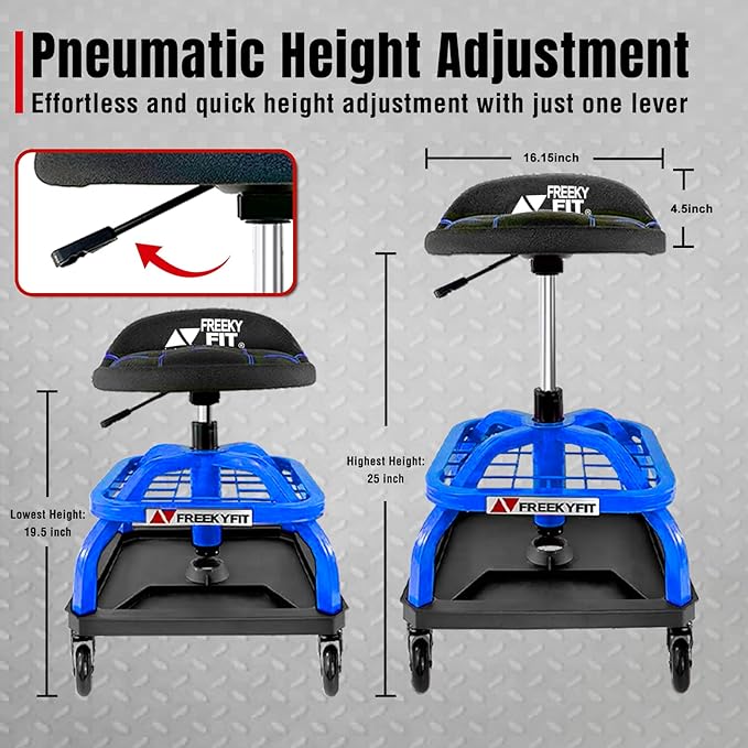 Rolling Shop Stool with Wheels, Garage Work Mechanic Stool with Backrest, Roller Mechanic Chair, Adjustable Height, 360° Swivel, Tool Tray Storage, 330 LBS Capacity, Heavy Duty, Blue