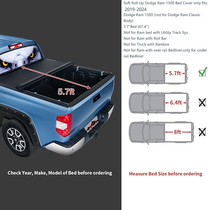 North Mountain 5.7ft Soft Roll Up Truck Tonneau Cover fits 2019-2025 Dodge Ram 1500 New Body 5.7ft Fleet/Styleside Bed(67.4"), not fit Classic Body Style, Rambox & Multi-Function Tailgate