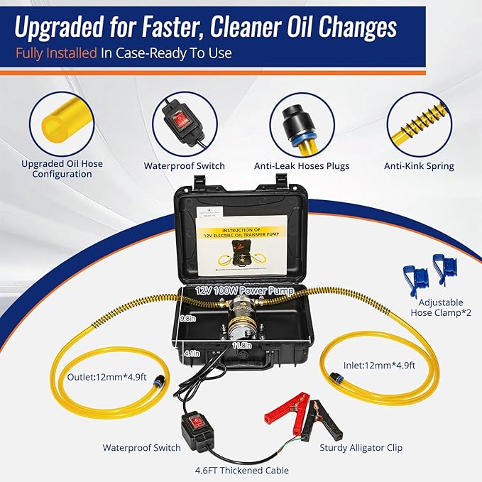 12/24V 100W Marine Engine Oil Extractor Pump, Upgraded Anti-Kink Hose, High Flow Oil Change Pump, Transmission Fluid Transfer Pump for Automotive, Boats, Jet Ski, Lawn Mowers DIY Oil Transfer