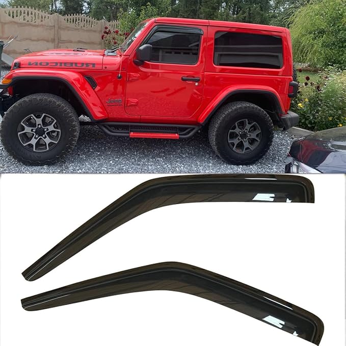 2pcs Outside Mount Style Sun Rain Guard Durable Side Window Wind Deflectors Dark Smoke Vent Window Visors Compatible with 2007-2018 Jeep Wrangler (JK)(2-Door Only) 92328