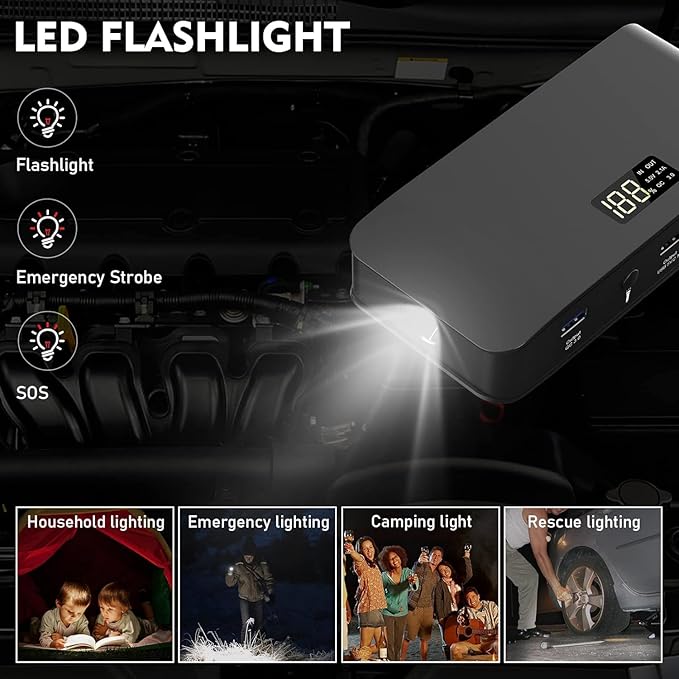 BOOKOO Car Battery Jump Starter 4000A,16000mAh Portable Battery Jumper Cables for Car 8L Gas | 7L Diesel Engines,Jump Box with USB QC 3.0 | PD 18W Fast Charging,3 LED Modes with SOS for Emergency Use