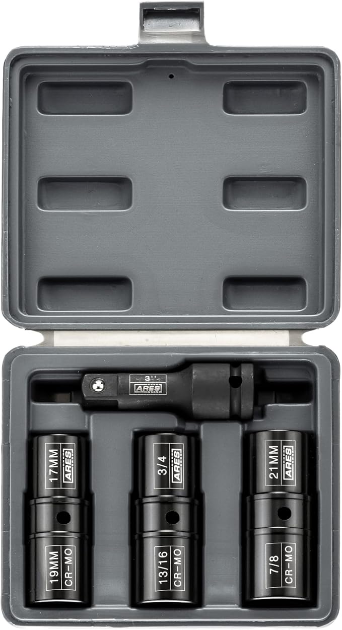 ARES 70056-1/2-inch Drive 4-Piece Flip Lug Nut Socket Set - Includes 17mm, 19mm, 21mm Metric Sizes & 3/4-Inch,13/16-Inch, 7/8-Inch SAE Sizes - Impact Grade Chrome-Moly Steel Ensures Lifetime Use