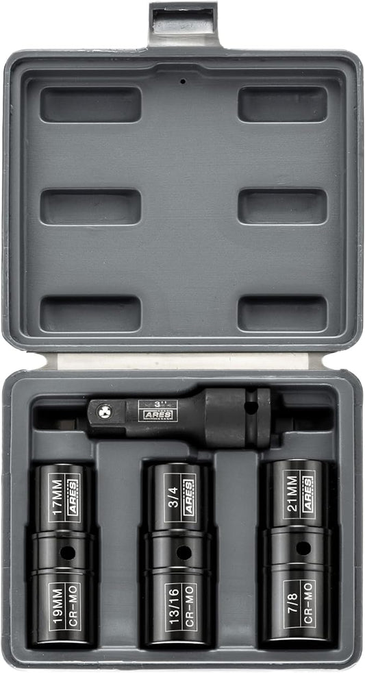 ARES 70056-1/2-inch Drive 4-Piece Flip Lug Nut Socket Set - Includes 17mm, 19mm, 21mm Metric Sizes & 3/4-Inch,13/16-Inch, 7/8-Inch SAE Sizes - Impact Grade Chrome-Moly Steel Ensures Lifetime Use