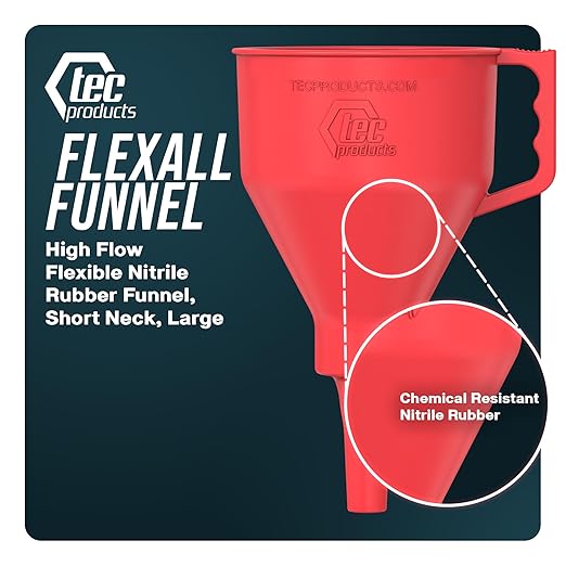 TEC Products FlexAll Short Neck Funnel - Flexible Funnel w/ Hose for Automotive Use - Durable Nitrile Rubber - Car Oil Change, Transmission Fluid, Diesel, Gas - USA Made - Large (10.07 x 5.73 Inches)