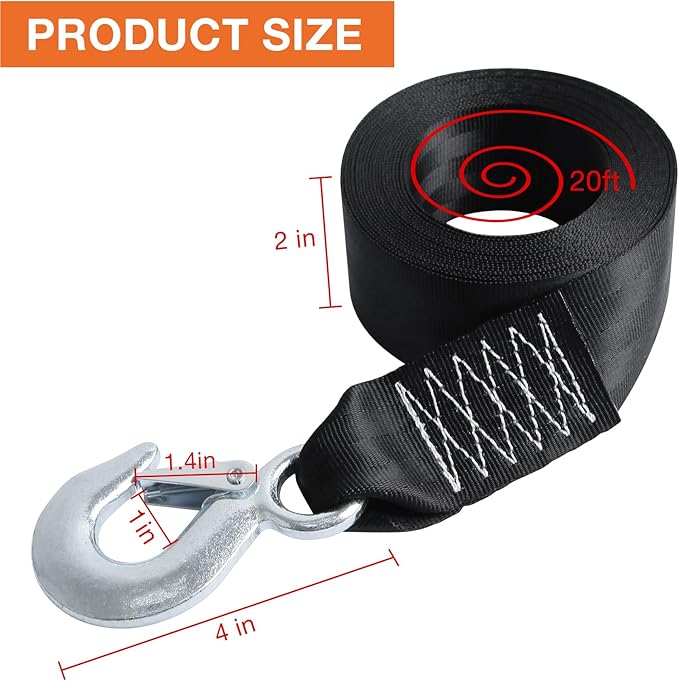 Boat Winch Strap with Safety Snap Hook 2" x 20 Ft for Pontoon/Bass/Fishing Boat Straps Trailer 10000 lbs Tow Ropes for Towing Vehicles, ATV,Jet Ski,Powerboats,Canoe,Kakak,Wave Runner Accessories