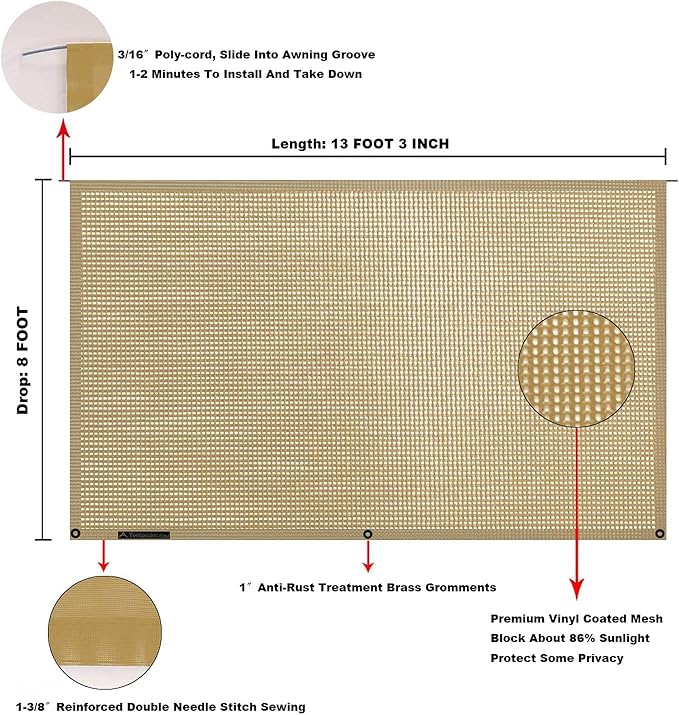 Tentproinc RV Awning Sun Shade Screen 8' X 13' 3'' (Fit for 14' Awning) Mesh Sunshade for RV Awning Sunscreen Motorhome Camping Trailer Awning Screenshade Block UV Glare - 3 Year Warranty (Beige)