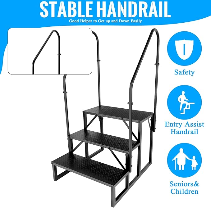 RV Step 3 Step Ladder, Upgrade RV Step with Handrails, Heavy Duty RV Stairs with Anti-Slip Pedal Hot Tub Steps, Removable Camper Step for Spa/Porch/Pet/Mobile Home（2 Handrails