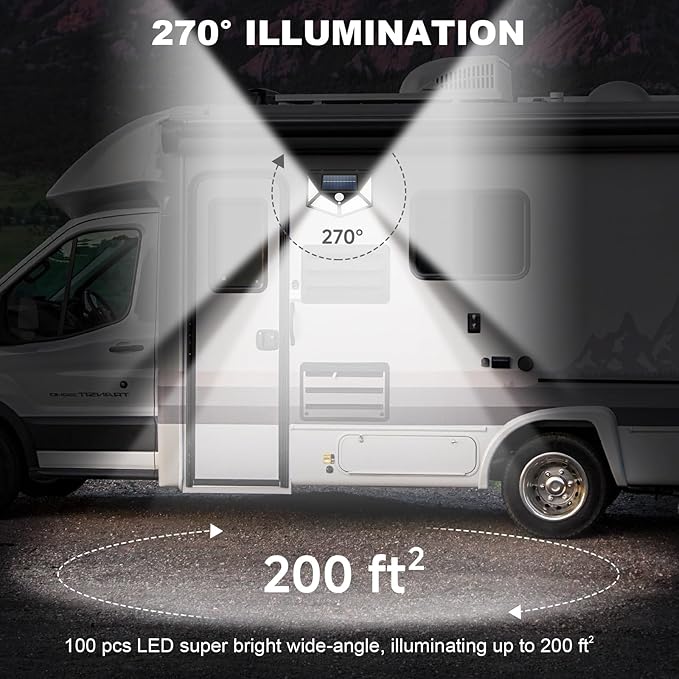 RV Magnetic Motion Sensor Light, Solar RV Porch Light, Exterior RV Lighting, Camper Lights Outdoor, Awning Lights for Trailer, 5th Wheels, 100LED, 2 Pack