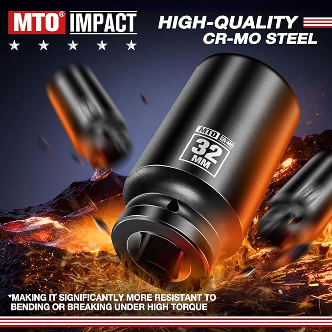 MTO 1/2" Drive 32mm Deep Impact Socket, 6 Pt. Metric Socket, CR-MO Steel & Anti-Corrosion Coating for Heavy-Duty Use