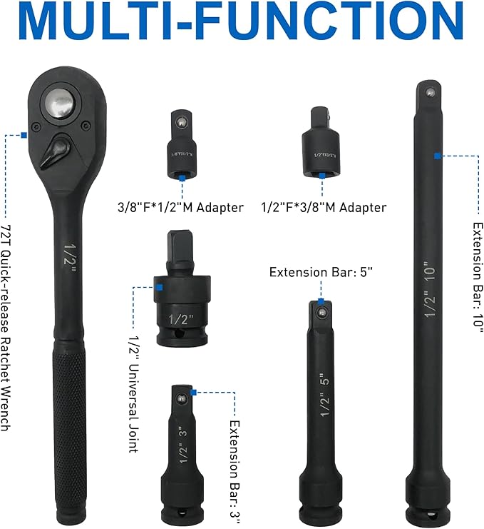 MacWork 65 Piece 1/2-Inch Drive Impact Socket Set, SAE 3/8" to 1-1/4", Metric 10-24mm, Deep & Shallow, CR-V Alloy Steel, Adapters, Extension Bars, Ratchet Handle