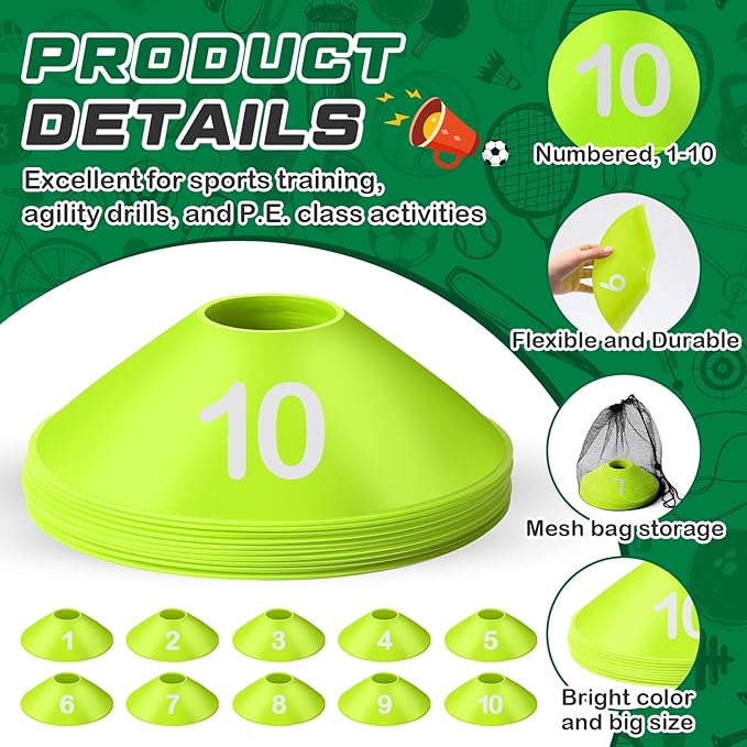 10 Pcs Numbered Sports Disc Cones 1-10 Soccer Cones with Mesh Carry Bag Flexible Agility Cones Soft Field Cones for Gym PE Classes School Activities Games, Sports Training Equipment