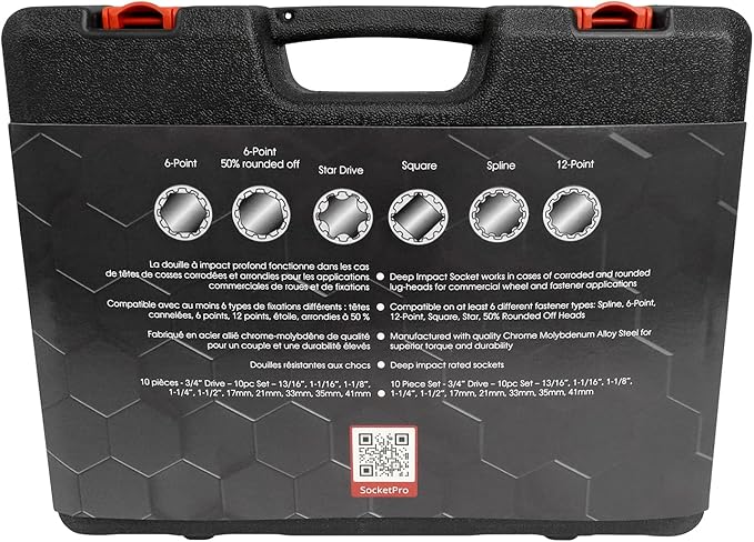 Counteract Socket Pro – 6 Way Socket 10pc Set - 13/16", 1-1/16", 1-1/8", 1-1/4", 1-1/2", 17mm, 21mm, 33mm, 35mm, 41mm - 3/4" Drive