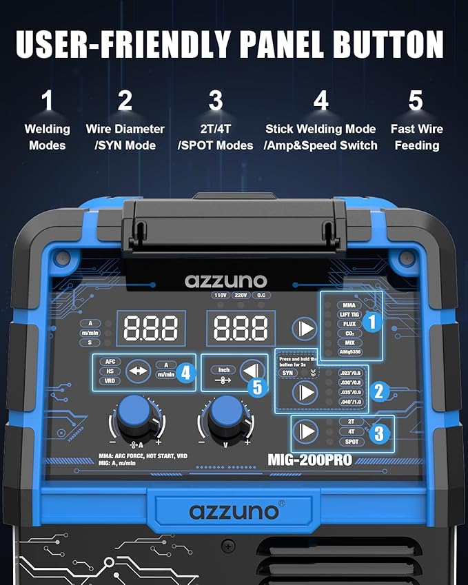 AZZUNO 200A MIG Welder Machine 110V/220V, 8 in 1 Welding Machine Aluminum MIG/Spool Gun Compatible/Gas MIG/MAG/Flux Core MIG/Spot MIG/Lift TIG/Stick Welding, Multiprocess Welder