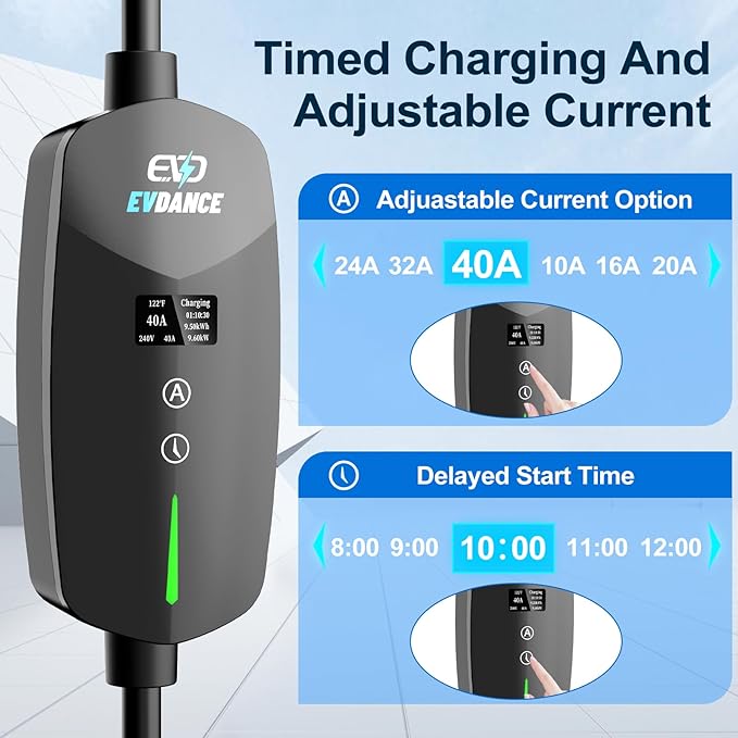 40A Level 2 EV Charger, 9.6KW Fast Portable Electric Vehicle Charging Stations, 25ft Charging Cable, NEMA 14-50 Plug, Adjustable Current & Timing Delay, Home Car Charger Compatible with All J1772 EVs