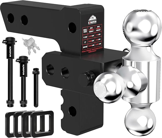 Kingfun Adjustable Trailer Hitch - Drop Hitch 2.5 Inch Receiver, 6 Inch Drop/Rise Tow Hitch, Tri Ball (1-7/8" & 2" & 2-5/16" Balls), 18500 Lbs Gtw, Aluminum Heavy Duty Hitch with Anti-Theft Pins