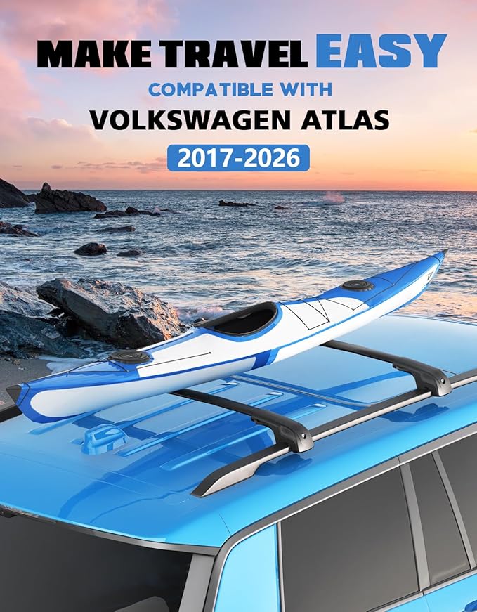 FengYu 300lb Lockable Roof Rack Cross Bars Compatible with Volkswagen VW Atlas 2017-2026 with Raised Side Rails(Not for Atlas Cross Sport), Heavy Duty Aluminum Roof Rails Crossbars Cargo Bars Carrier