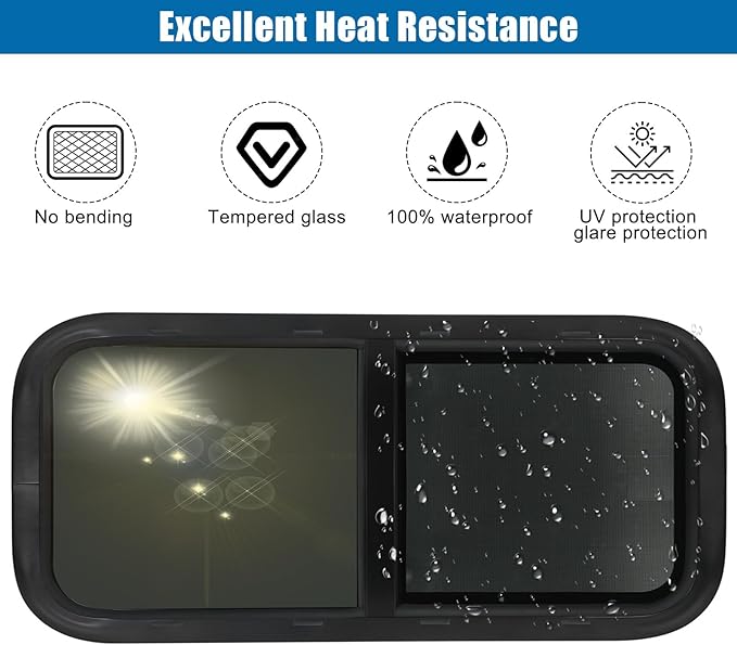 Horizontal RV Window, 42" W x 12" H Tinted Sliding RV Window with Net Screen and Trim Ring, Suitable for 15/16" or 1-3/8" and Slightly Thicker Up to 1/16" Walls, DOT Approved