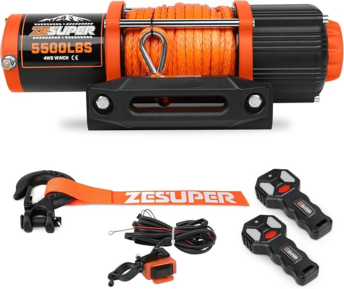 ZESUPER 5500 lb Electric Winch 12 Volt Winch Kit for ATV UTV Boat Trailer Waterproof IP67 Synthetic Rope with Wireless Remote Handheld Switch Mounting Plate