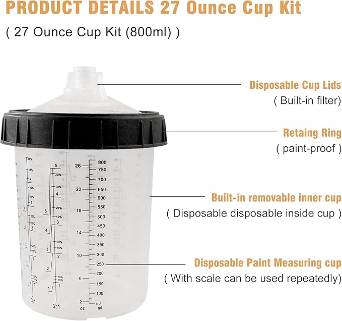 RRJ Disposable Paint Cup Automotive Spray Gun Paint System, for LVLP/HVLP Spray Gun Kit 27 Ounce(800ML) Mixing Cups with 50 Liners and Lids, 1 Hard Cup with Retainer Ring, 2 Adapter, Stirrer