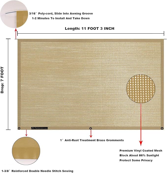 Tentproinc RV Awning Sun Shade Screen 7' X 11' 3'' (Fit for 12' Awning) Mesh Sunshade UV Blocker Complete Kits Motorhome Camping Trailer Awning Shadescreen - 3 Year Warranty (Beige)