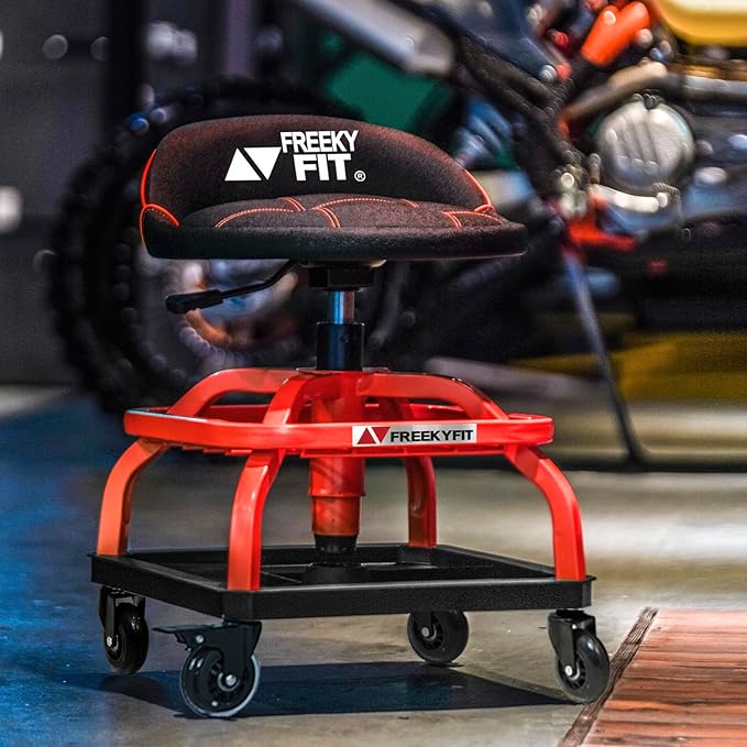 Rolling Shop Stool with Wheels, Garage Work Mechanic Stool with Backrest, Roller Mechanic Chair, Adjustable Height, 360° Swivel, Tool Tray Storage, 330 LBS Capacity, Heavy Duty, Red