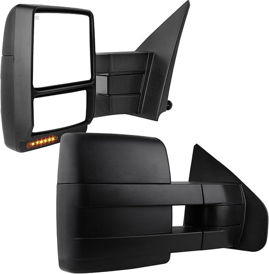 DWVO Towing Mirrors for 2007-2014 Ford F150, Power Heated Side Mirrors with Amber LED Turn Signal, Puddle Light, Manual Telescoping and Folding, Pair Replacement Tow Mirrors Set