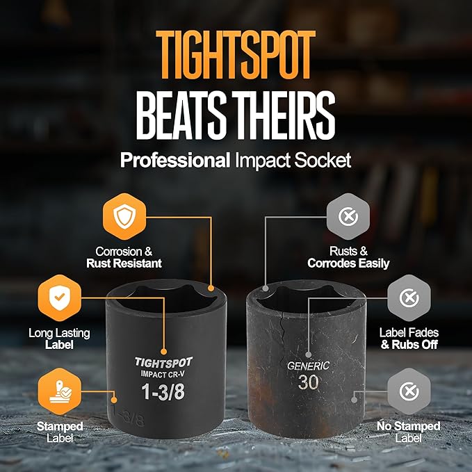 TIGHTSPOT 1/2 Inch Drive 1-3/8 Inch Shallow Impact Socket with Anti-Rounding 6 Point Design, Heat-Treated CRV Steel