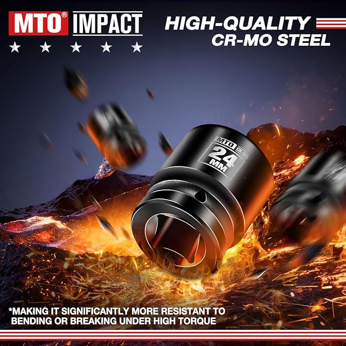 MTO 1/2" Drive 24mm Shallow Impact Socket, 6-Point Metric Socket, CR-MO Steel & Anti-Corrosion Coating for Tight Spaces and Heavy-Duty Tasks