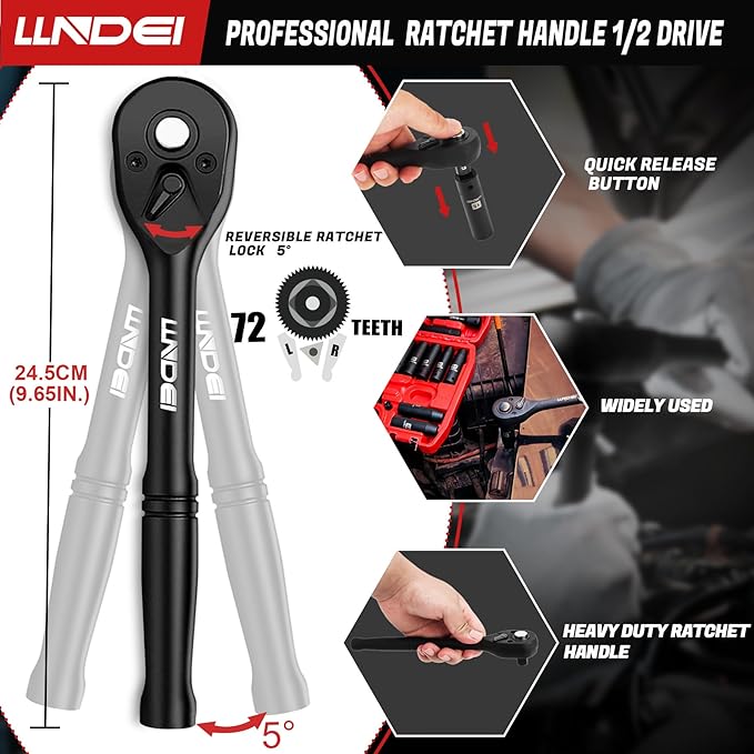 LLNDEI 1/2" Dr. Ratchet Impact Socket Wrench Set,Deep Sockets(8-24mm),Spark Plug Socket(16,21mm),49PCS, CR-V, Metric, With Combination Wrenches (8-17mm)