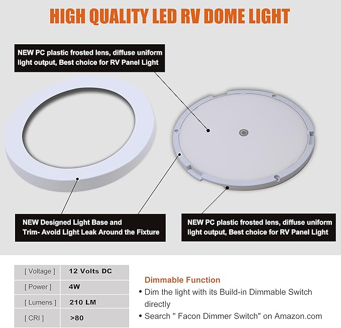 Facon 4.62-Inch 12V LED RV Ceiling Dome Light with Touch Dimmer Switch, 3000K/4000K Adjustable Color Temp, 12Volts Interior Light for RV Motorhome Camper Marine, ETL Listed