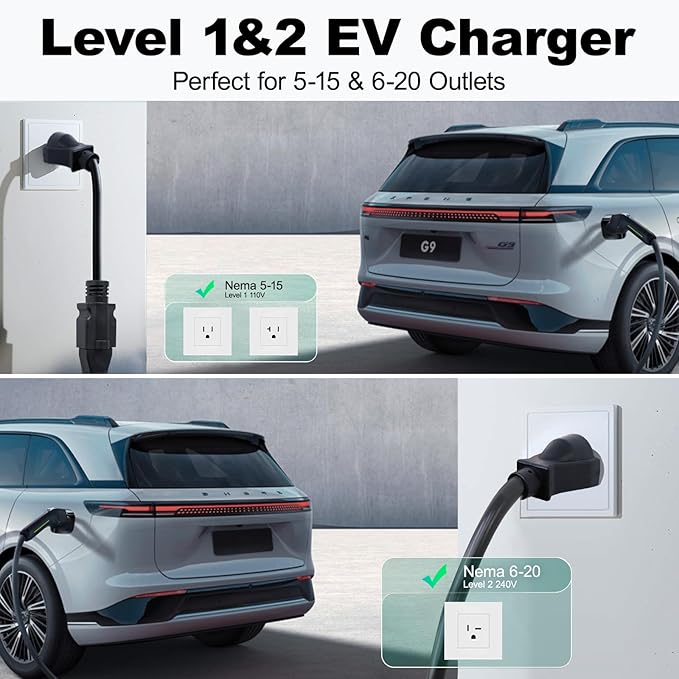 Level 1&2 EV Charger, Electric Vehicle Portable Charger with 20FT Cable, 3.5KW 16Amp Home EV Car Charging Station, 110V-240V NEMA 6-20 & NEMA 5-15 Plug Adapter, for All SAE J1772