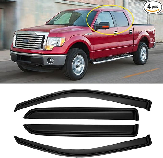 Window Rain Guards for 2009-2014 Ford F150 Crew Cab, Window Visor Guard Vent Wind Shade Deflector Shield Protector Sun for 2010-2014 Ford F-150 SVT Raptor SuperCrew Cab, Outside-Mount, 4pcs
