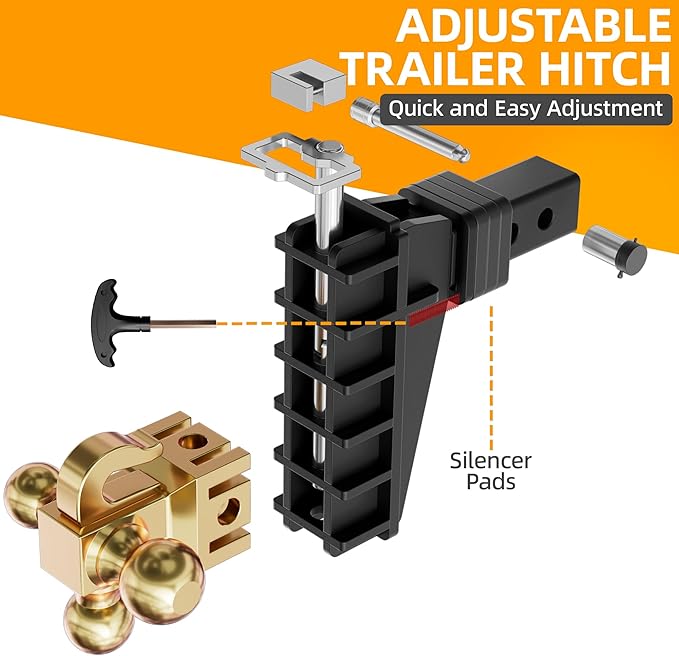 LOCAME Adjustable Trailer Hitch with Hook, Tri-Ball (1-7/8", 2", 2-5/16") Drop Hitch, Fits 2.5 Inch Receiver, 6" Drop Down Hitch, 18,500 LBS Heavy Duty Truck, Solid Ball Mount, Gold, LC0085
