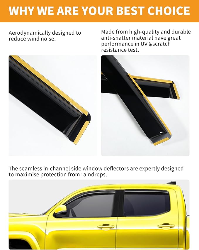 in-Channel Window Rain Guards Fit for Toyota Tacoma Double Cab 2016-2023 Rain Guard Extra Durable Window Deflectors Vent Visors Vent Shades Exterior Truck Accessories