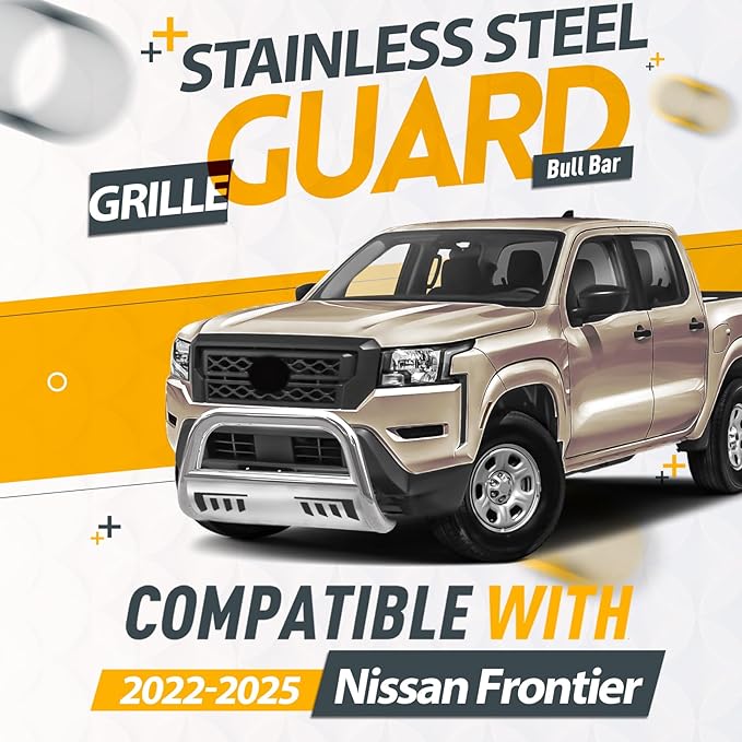 KUAFU Front Bull Bar Compatible with 2022 2023 2024 2025 Nissan Frontier Pickup Truck 3” Front Bumper Brush Grille Grill Guard Stainless Steel Polishing Silvery