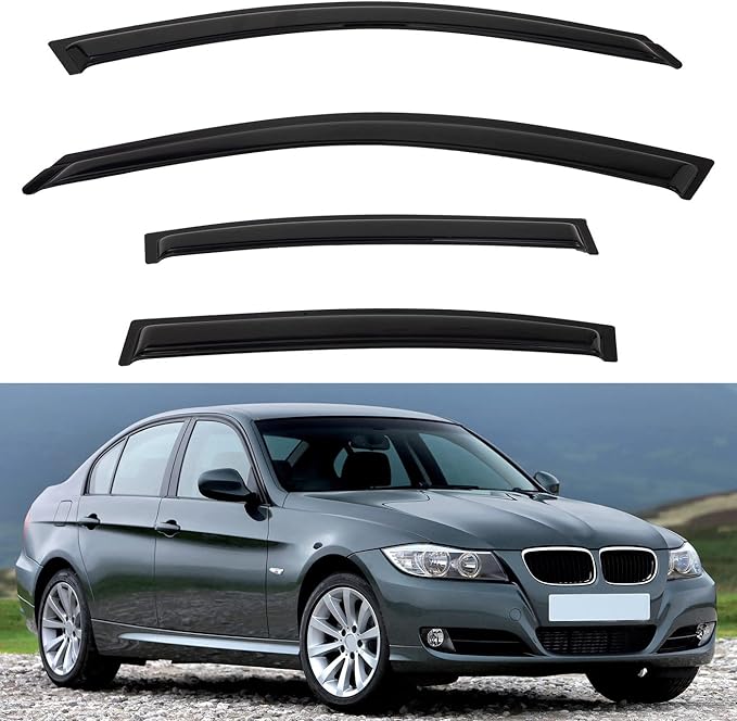 4pcs Front+Rear Smoke Tint Sun/Rain Guard Outside Mount Tape-On Vent Window Visors Compatible with 06-11 BMW E90 3-Series 08-12 M3 4-Door Sedan 323 325 328 330 335 i xdrive xi d