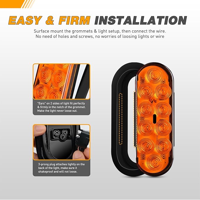 GOOACC 6Inch Oval Trailer Tail Light 2PCS 10LED Amber Turn Signals Lights w/Surface Mount Grommets Plugs IP67 Waterproof for Truck RV Tractor